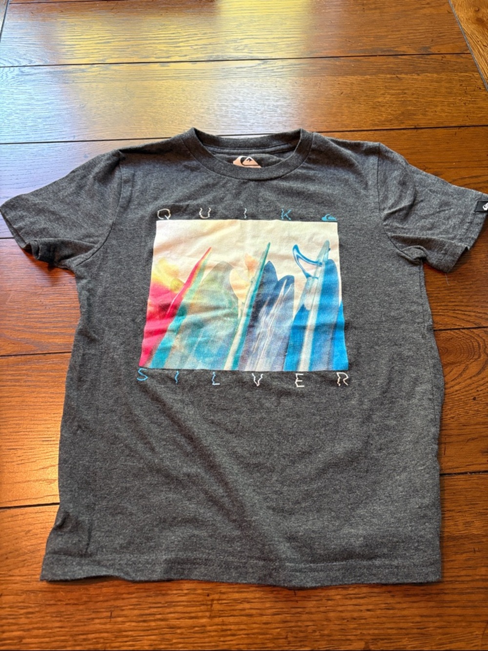Quiksilver Charcoal Tee with Multicolor Surfboard Graphic